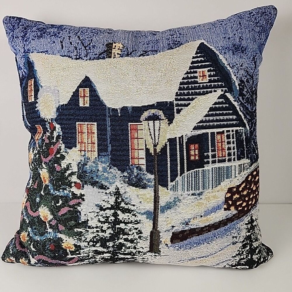 Snowy Cottage Tapestry Throw Pillow Christmas Holiday Cottagecore Decor